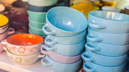 Colorful ceramic soup bowls on display