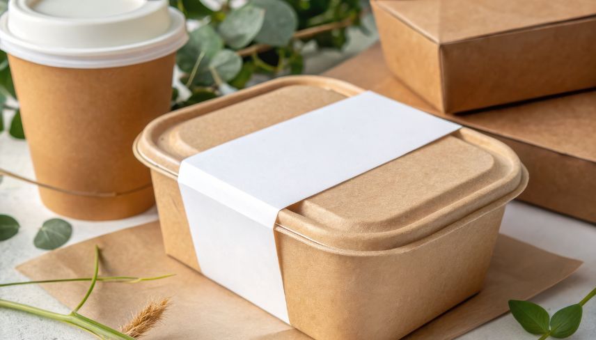 Sustainable food packaging including kraft paper containers, a takeaway cup, and cardboard boxes.