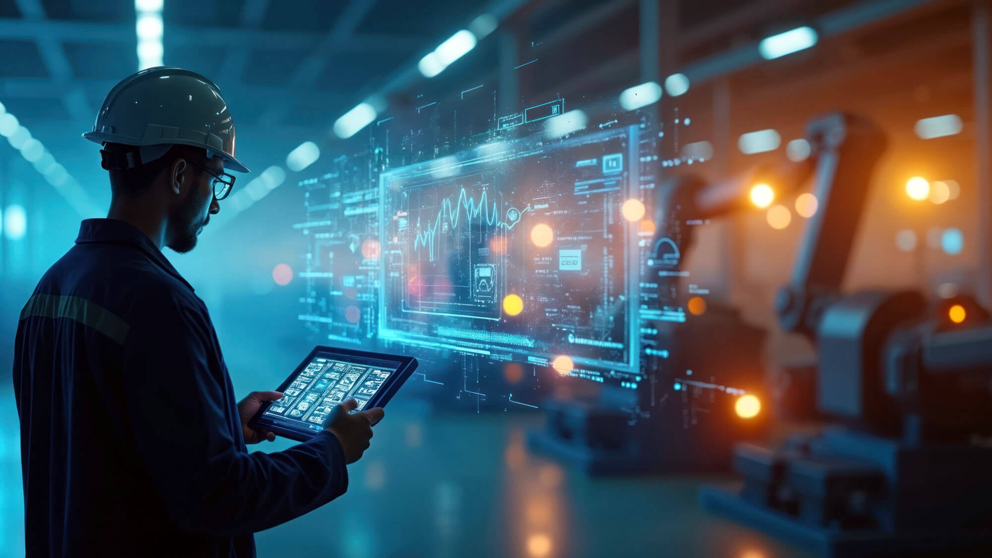 Engineer in hard hat, safety glasses controls industrial production process. Uses tablet to monitor digital data on holographic interface with graphs. 