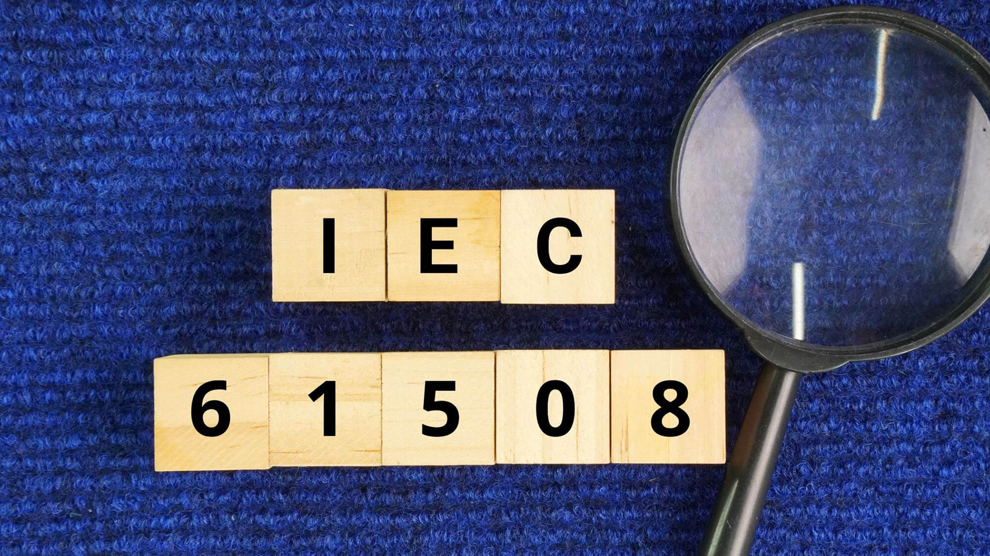 A wooden cube with the words IEC 61508. the fundamental international standard for functional safety, governing the design, deployment, and maintenance of electrical, electronic