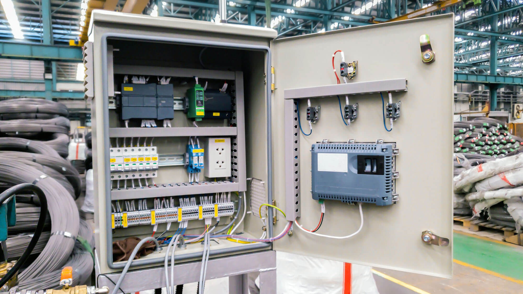 Electric control panel open enclosure for automatic circuit system in industrial factory, switchgear box technology on site