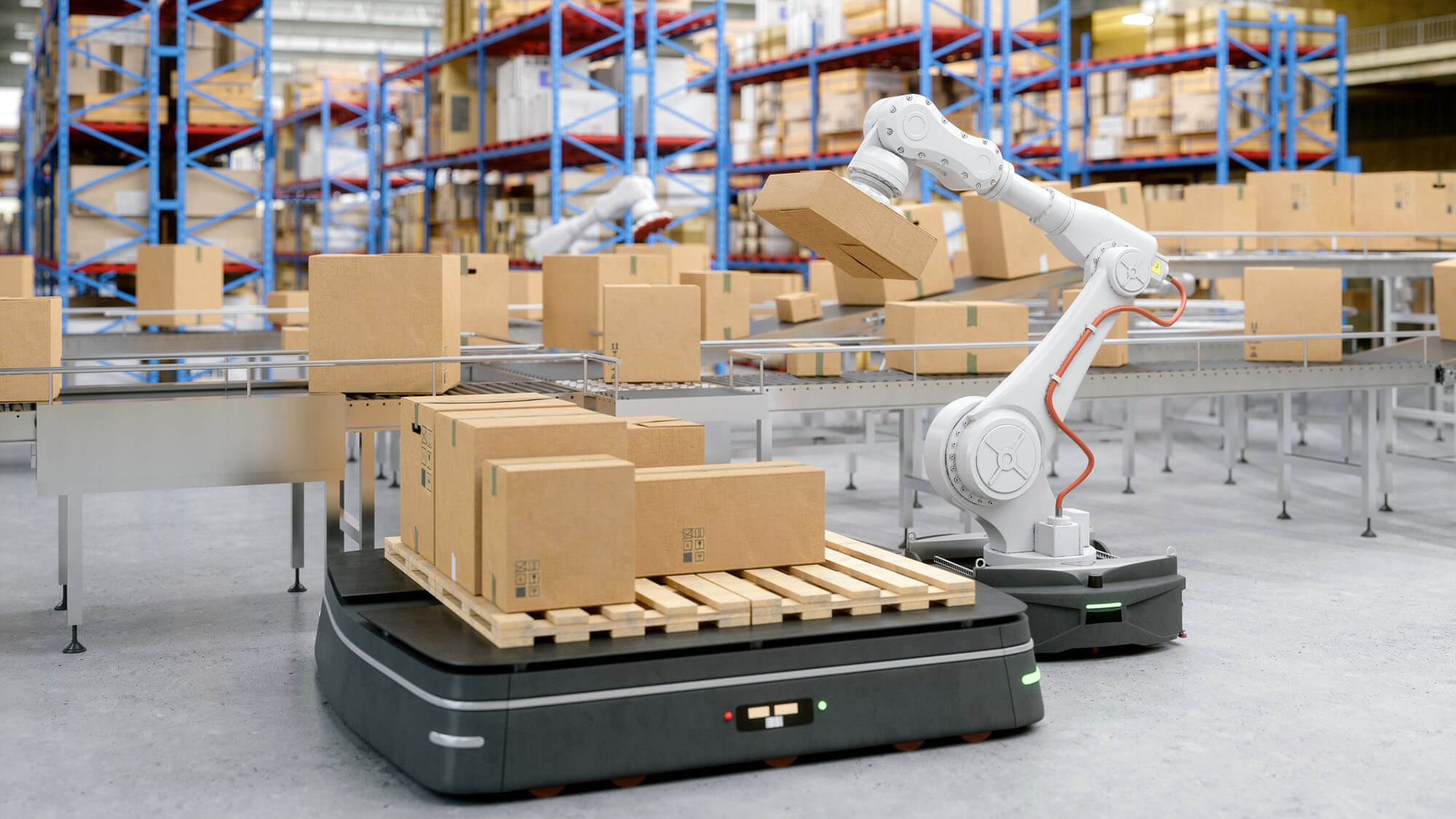 Automation with AGV and robotic arm in modern distribution warehouse
