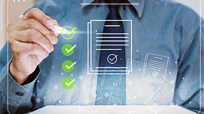 Checklist Survey Concept, Assessment and Quality Control, Project Approval Concept Businessman analyzes business growth chart for approval