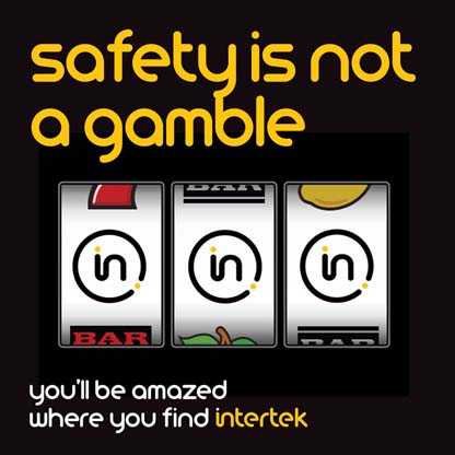 A slot machine with the Intertek roundel displayed in the winning line