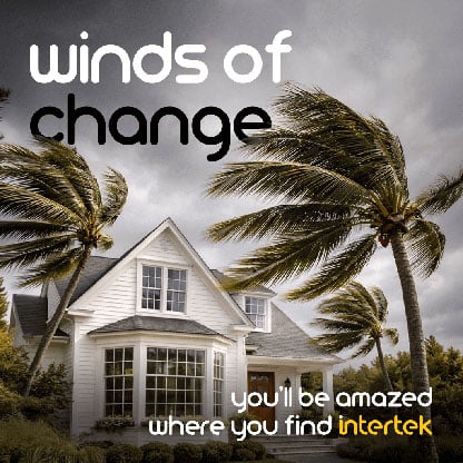 Palm trees blowing in a strong wind outside a residential building